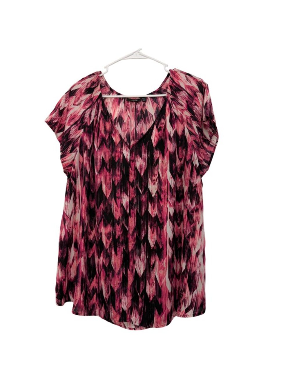 APT. 9 Womens V-Neck Short Sleeve Blouse Pink & Black Geometric Print Size 1X